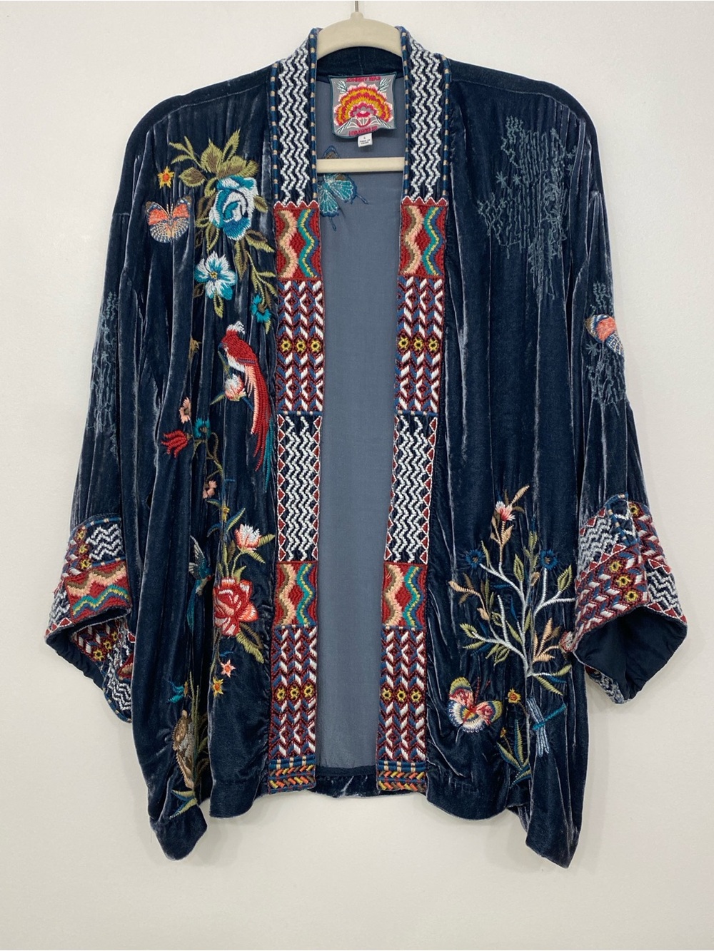 Johnny Was Gen Velvet Embroidered Kimono Jacket Jasper Silk Blend Cropped L